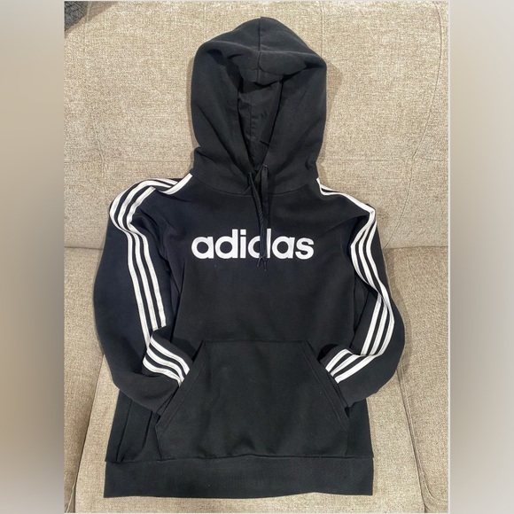 Black/White Adidas Mens Essentials 3-Stripes Pullover Hoodie Sz LG - Picture 2 of 5